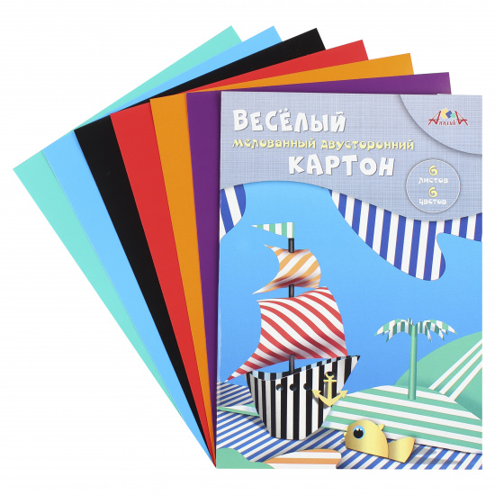 Набор цветного картона Полоски А4, 6 листов, 6 цветов, мелованный, двусторонний, в папке Апплика С0151-01