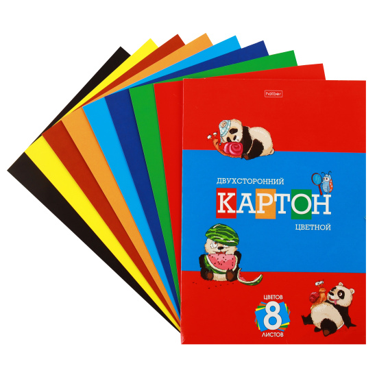 Набор цветного картона Приключения маленькой панды А4, 8 листов, мелованный, двусторонний, в папке Hatber 8Кц4_19342
