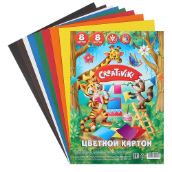 Набор цветного картона А4, 8 листов, 8 цветов, немелованный, в папке Creativiki КЦ8Л8ЦПКР