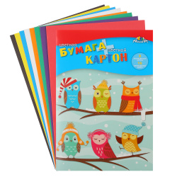 Набор цветного картона, Совята, А4, 12 листов цветная бумага +8 листов картона, 8 цветов картона +8 цветов (цветная бумага), немелованный, в папке, Апплика, С1832-14