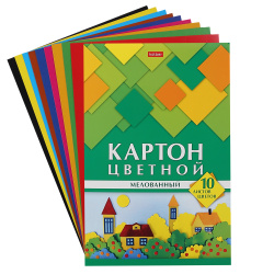 Набор цветного картона Домики А4, 10 листов, 10 цветов, мелованный, в папке Hatber 10Кц4_25051