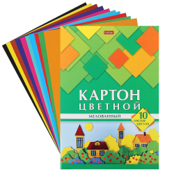 Набор цветного картона Creative Set А4, 10 листов, 10 цветов, мелованный, двусторонний, в папке Hatber 10Кц4_05934