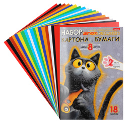 Набор цветного картона и бумаги А4 18л 8цв+2л белого+8 цв бумаги Hatber Пушистый философ в папке 18НКБ4_35767