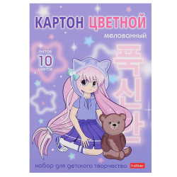 Набор цветного картона А5 10л 10цв мелованный склейка Неко-Тян аниме Hatber 10Кц5к_29024