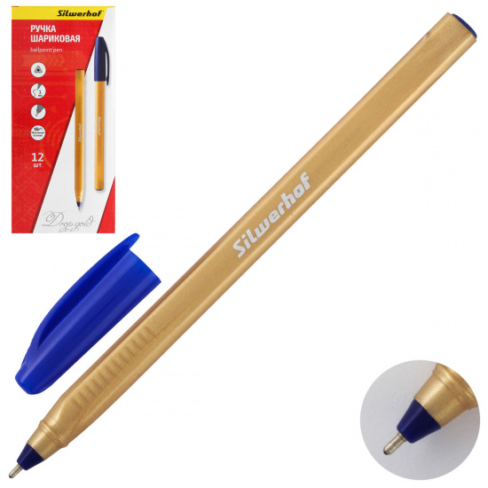 Ручка шар масл 1,0 игольч трехгран зол корп Silwerhof DROP GOLD однораз 026151-02 син к/к