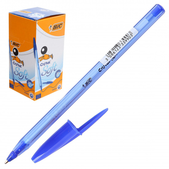 Ручка пишущий узел 1,0 мм, одноразовая, цвет чернил синий Soft Cristal Bic 951434