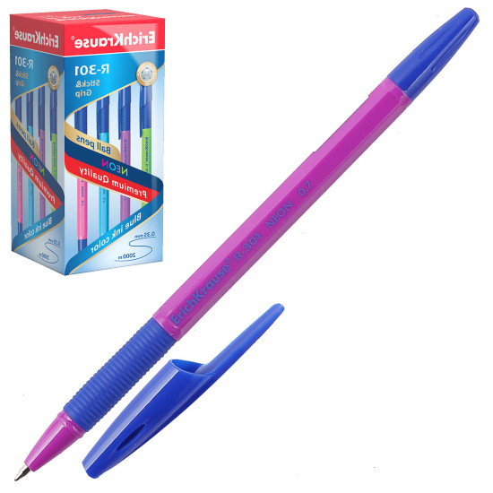 Ручка пишущий узел 0,7 мм, цвет чернил синий, ассорти 4 вида NEON Stick&Grip R-301 Erich Krause 42751