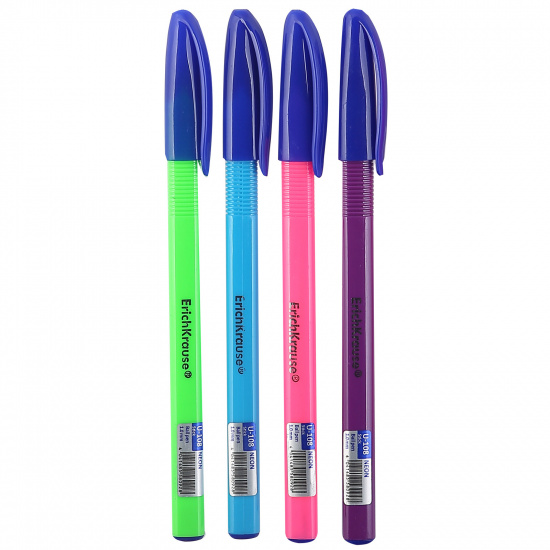 Ручка пишущий узел 1,0 мм, игольчатая, одноразовая, цвет чернил синий, ассорти 4 вида Ultra Glide Technology Neon Stick U-108 Erich Krause 58092