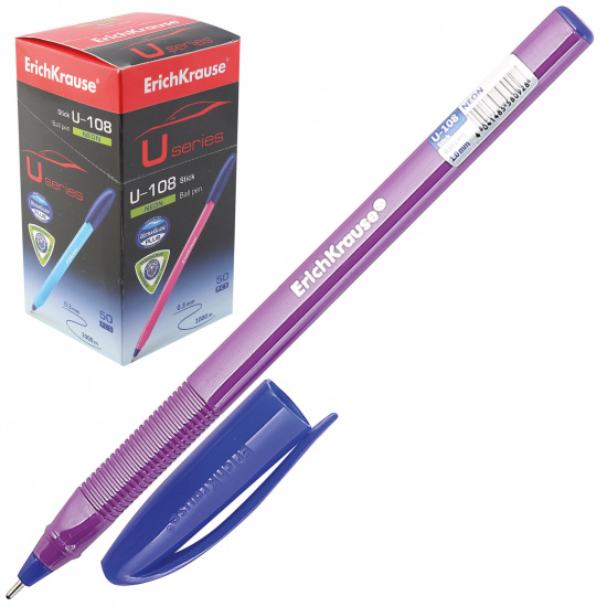 Ручка пишущий узел 1,0 мм, игольчатая, одноразовая, цвет чернил синий, ассорти 4 вида Ultra Glide Technology Neon Stick U-108 Erich Krause 58092