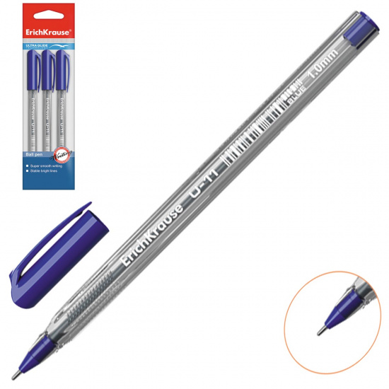 Ручка шар 1,0 игольч трехгран прозр корп Ultra Glide Technology U-11 набор 3шт EK 37094 син бл/уп