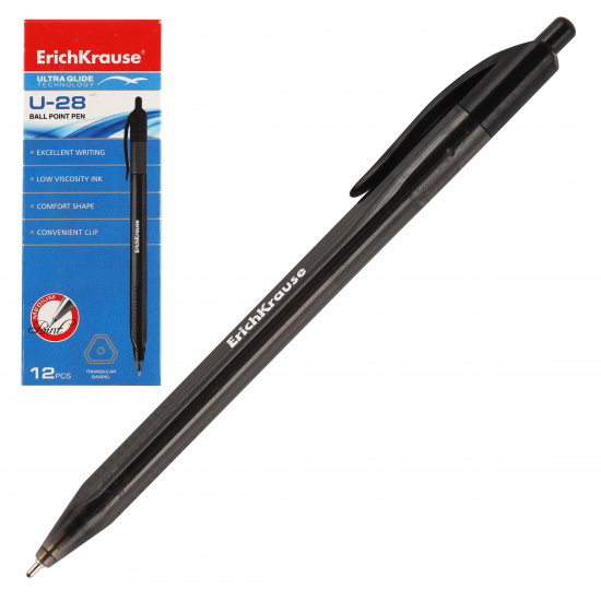 Ручка автоматическая, пишущий узел 1,0 мм, игольчатая, цвет чернил черный Ultra Glide U-28 Erich Krause 33529