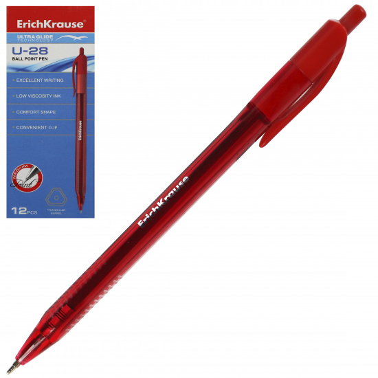 Ручка автоматическая, пишущий узел 1,0 мм, игольчатая, одноразовая, цвет чернил красный Ultra Glide U-28 Erich Krause 33530