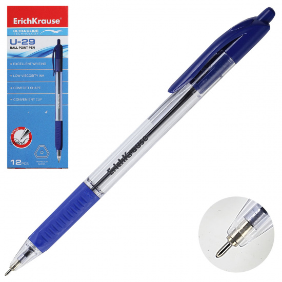 Ручка автоматическая, пишущий узел 0,6мм, игольчатая, цвет чернил синий Ultra Glide Technology U-29 Erich Krause 33568