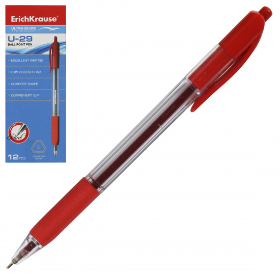Ручка автоматическая, пишущий узел 0,6 мм, игольчатая, одноразовая, цвет чернил красный Ultra Glide Technology U-29 Erich Krause 33570