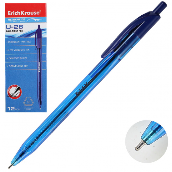 Ручка автоматическая, пишущий узел 1,0 мм, игольчатая, одноразовая, цвет чернил синий Ultra Glide U-28 Erich Krause 33528
