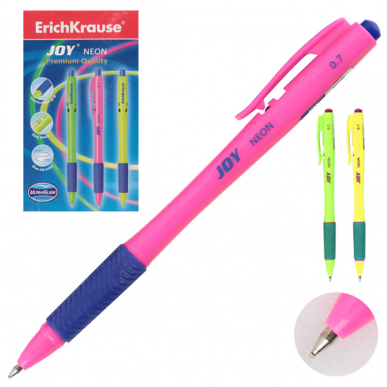 Ручка автоматическая, пишущий узел 0,7мм, цвет чернил синий Ultra Glide Technology JOY Neon Erich Krause 43347