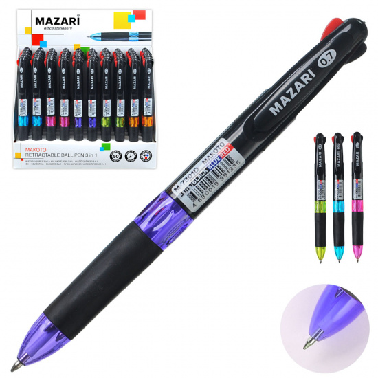 Ручка шариковая, автоматическая, 3 цвета, пишущий узел 0,7мм MAKOTO Mazari M-7301D