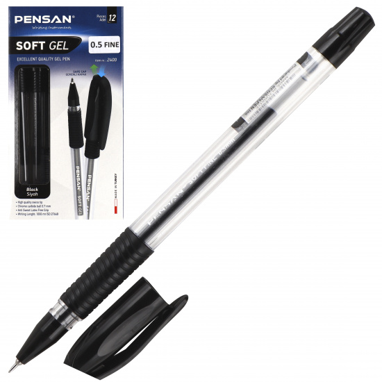 Ручка гелевая, игольчатая, пишущий узел 0,5 мм, цвет чернил черный Soft gel Fine Pensan 143392