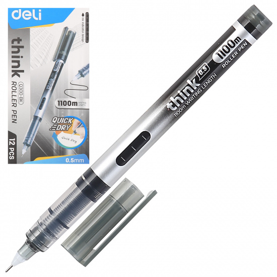 Ручка роллер пишущий узел 0,5 мм, игольчатая, одноразовая, цвет чернил черный Deli EQ300-BK