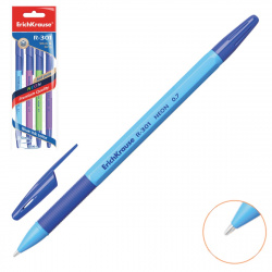 Набор шар ручек 1цв 4шт 0,7 резин манжет R-301 Neon Stick&Grip ЕК 42023 син блист/уп