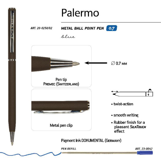 Ручка шариковая, пишущий узел 0,7 мм, корпус круглый, цвет чернил синий Palermo BrunoVisconti 20-0250/02