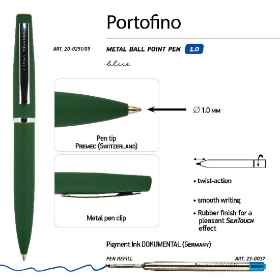 Ручка, шариковая, пишущий узел 1,0 мм, корпус круглый, цвет чернил синий, Portofino, BrunoVisconti, 20-0251/03