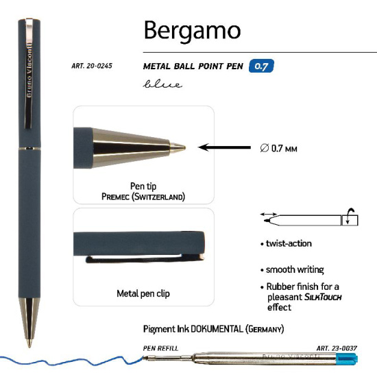 Ручка, шариковая, пишущий узел 1,0 мм, корпус круглый, цвет чернил синий, Bergamo, BrunoVisconti, 20-0245