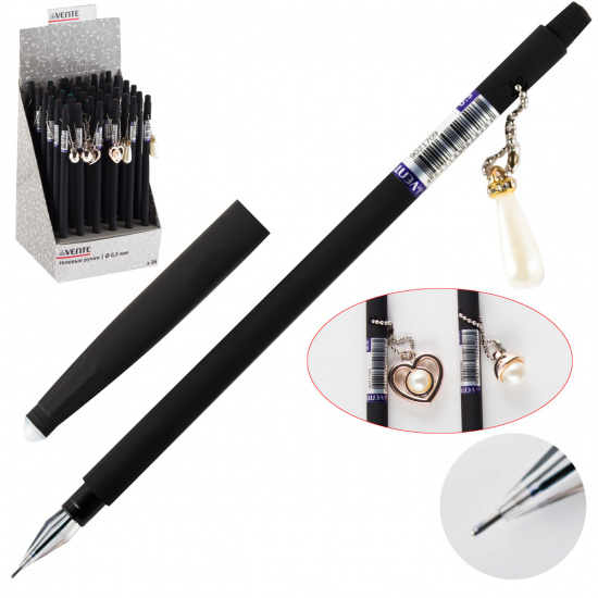 Ручка гелевая подарочная 0,5 игольчатая черный корпус с подвеской deVENTE Жемчужина 9021709 синяя дисплей ассорти