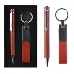 Набор подарочный 2 предмета, ручка шариковая, брелок, цвет коричневый, упаковка подарочная коробка KLERK 204013