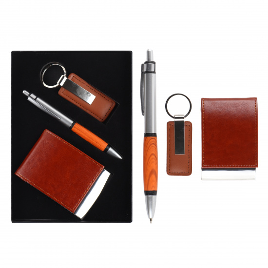 Набор подарочный коричневый 3 предмета, ручка шариковая, брелок, визитница, упаковка картонная коробка KLERK 204011