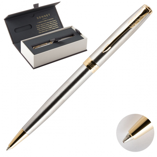 Ручка подарочная, шариковая, пишущий узел M (medium) 1 мм, цвет чернил черный Stainless Steel GT Sonnet Parker 1931507