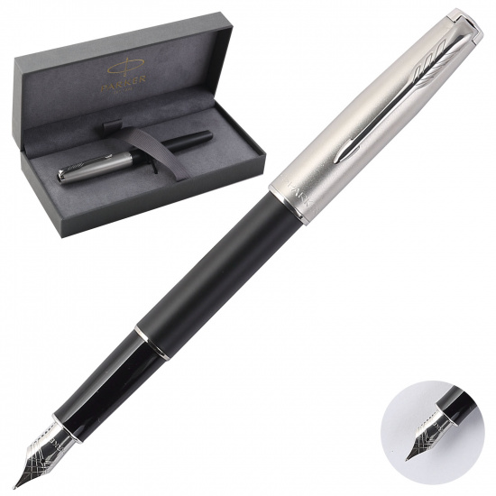 Ручка перьевая, подарочная, F (fine) 0,8 мм, цвет корпуса черный/серебро, Sand Blasted Metal & Black Lacquer, Parker, 2146864