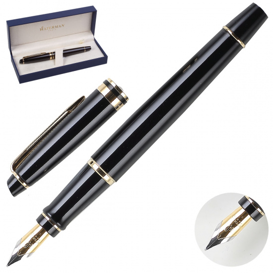 Ручка перьевая Waterman Expert Black GT FP F лак корпус латунь/позолота S0951640 синяя
