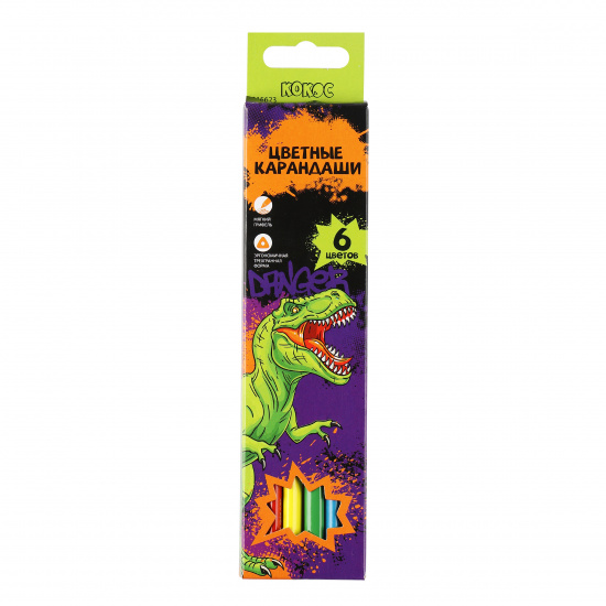 Карандаши цветные 6 цветов, дерево, трехгранный Danger Dino КОКОС 215623