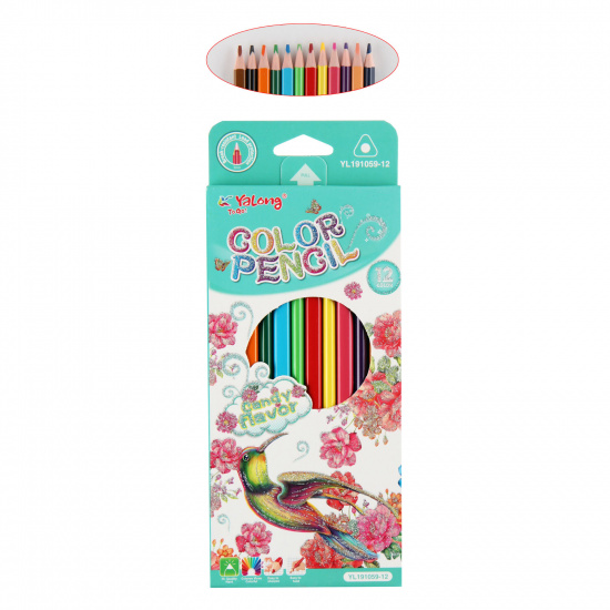 Карандаши цветные 12 цветов, пластик, шестигранный, картонная коробка Yalong YL191059-12