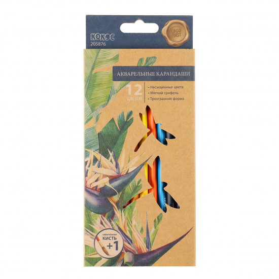 Карандаши цветные акварельные 12 цветов, дерево, трехгранный, крафт КОКОС 205876