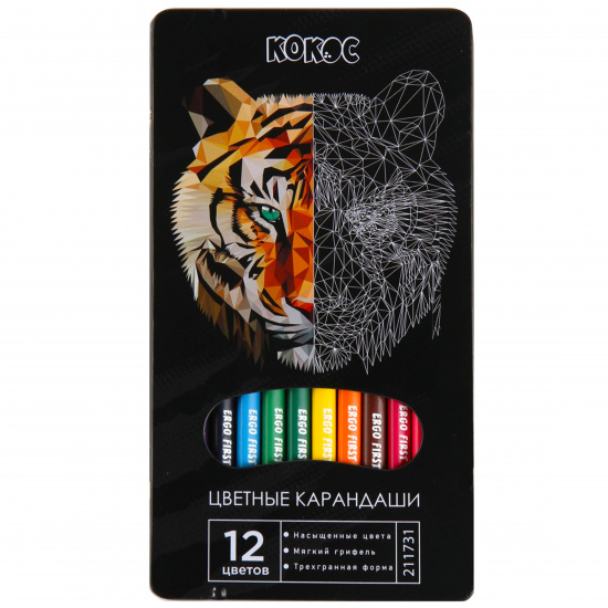 Карандаши цветные 12 цветов, дерево чёрное, трехгранный Wild Tiger КОКОС 211731