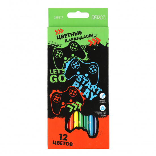 Карандаши цветные 12 цветов, дерево, трехгранный Gamer ERGO Light КОКОС 215617