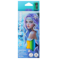 Карандаши цветные, 12 цветов, дерево, трехгранный, точилка, Aquamarine, Erich Krause, 65024