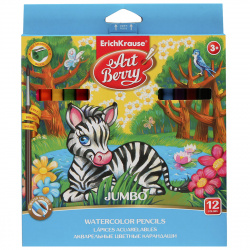 Карандаши цветные акварельные 12 цветов, дерево, трехгранный, утолщенные, картонная коробка Джамбо ArtBerry Jumbo Erich Krause 32477
