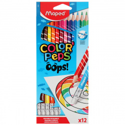 Карандаши цветные 12 цветов, пластик, трехгранный, с ластиком OOPS Maped 832812