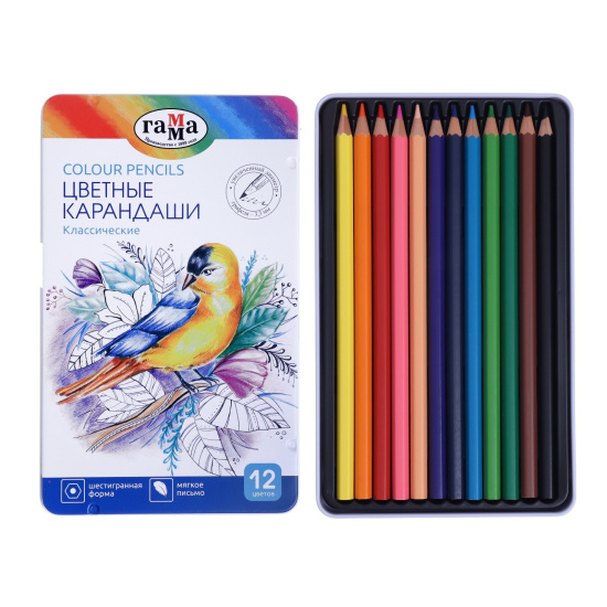 Карандаши цветные, 12 цветов, дерево, шестигранный, Классические, Гамма, 80220212