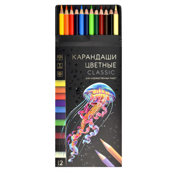 Карандаши цветные, 12 цветов, дерево, круглый, Классика, Феникс, 64096