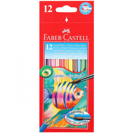 Карандаши цветные акварельные 12 цветов, дерево, шестигранный, картонная коробка Fish Desing Faber-Castell 114413
