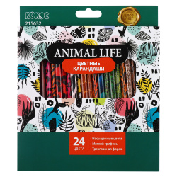 Карандаши цветные 24 цвета, дерево, трехгранный Animal life КОКОС 215632