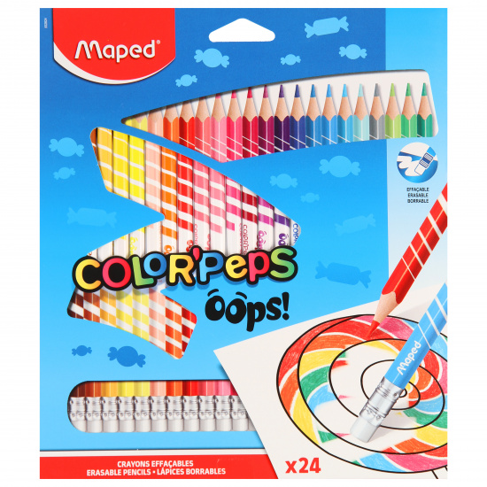 Карандаши цветные 24 цвета, пластик, трехгранный, с ластиком Oops Maped 832824
