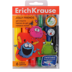 Мелки восковые, 6 цветов, круглый, пластиковая упаковка, европодвес, Jolly Friends, Erich Krause, 65539