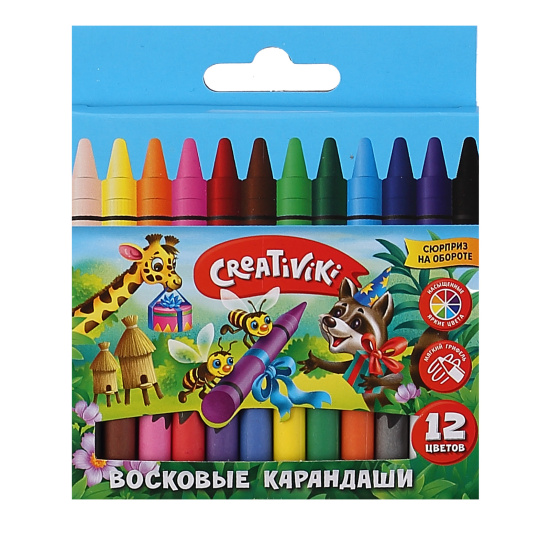 Карандаши восковые 12 цветов, d-8 мм, круглый, картонная коробка, европодвес Creativiki КВ12КР