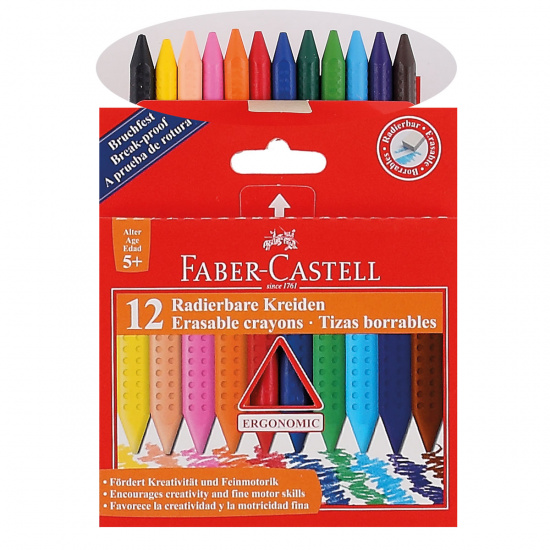 Карандаши восковые 12 цветов, d-9мм, трехгранный, картонная коробка, европодвес Grip Faber-Castell 122520