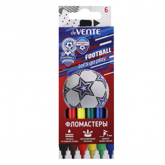 Фломастеры 6 цветов, корпус круглый, конический, смываемые, колпачок вентилируемый Play Football deVENTE 5080107
